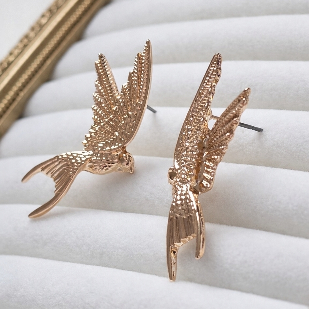 Gold Flying Sparrow Bird Earrings Cottagecore Whimsical Coquette